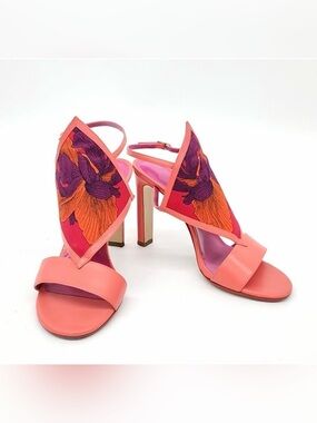 Hermes Women's Coral Pink Embroidered High Heel Sandals